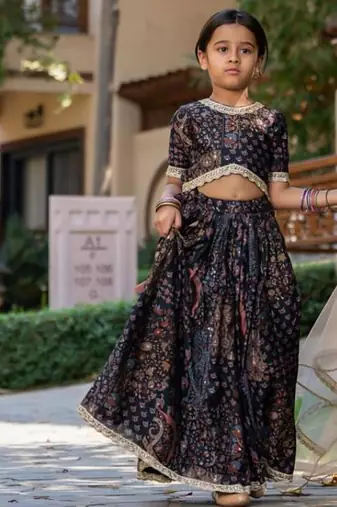 Black printed chanderi lehenga set