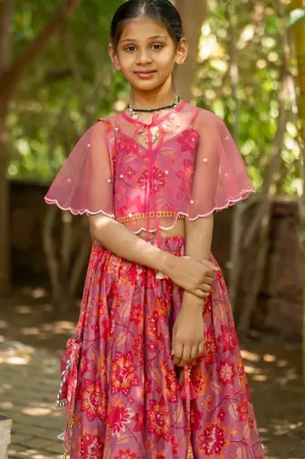 Pink printed cotton lehenga set
