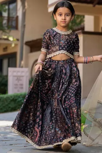 Black printed chanderi lehenga set