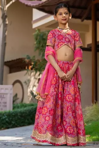 Pink printed cotton lehenga set