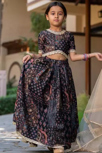 Black printed chanderi lehenga set