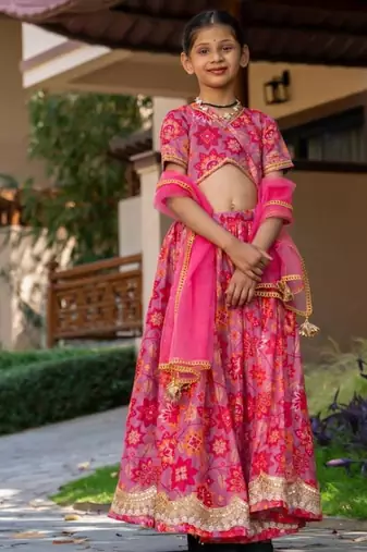 Pink printed cotton lehenga set