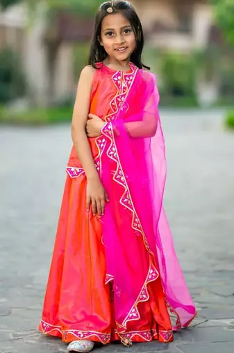 Pink printed chanderi lehenga set