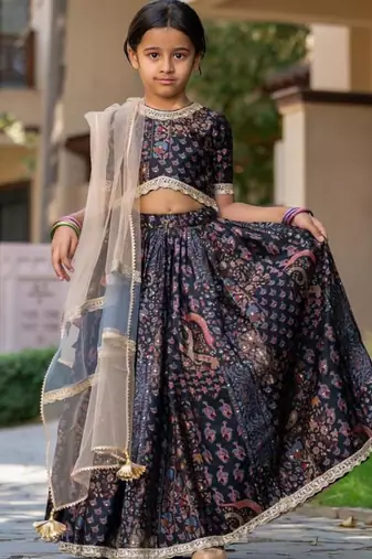 Black printed chanderi lehenga set