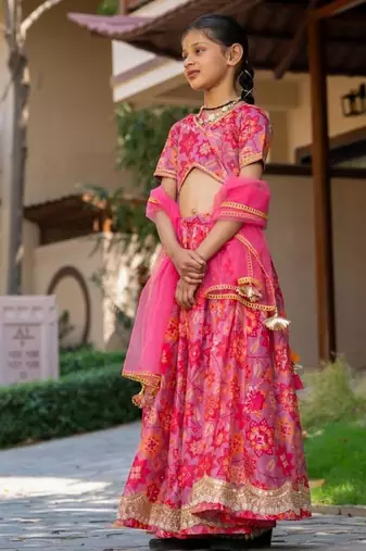 Pink printed cotton lehenga set