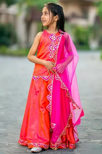 Pink printed chanderi lehenga set