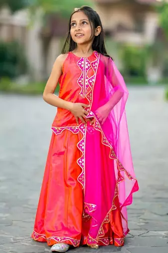 Pink printed chanderi lehenga set