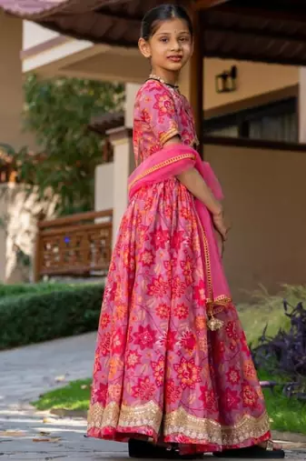 Pink printed cotton lehenga set