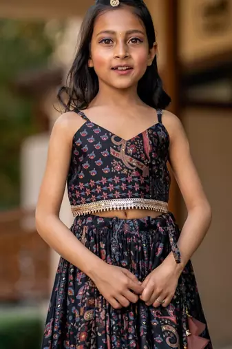 Black printed cotton lehenga set