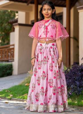 Pink printed chanderi lehenga set 1