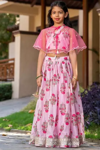 Pink printed chanderi lehenga set