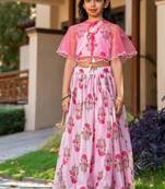 Pink printed chanderi lehenga set