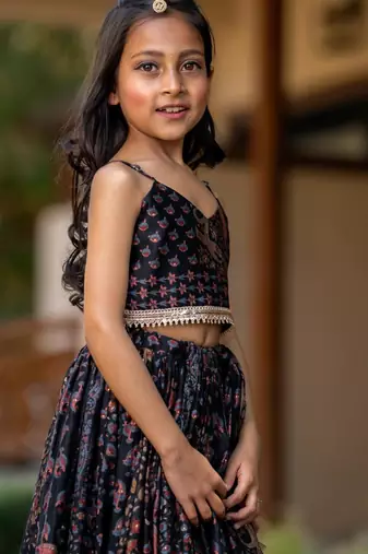 Black printed cotton lehenga set