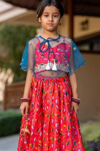 Red printed chanderi lehenga set