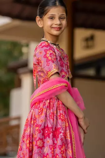 Pink printed cotton lehenga set