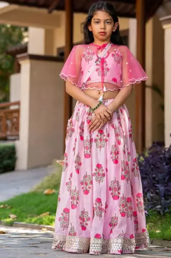 Pink printed chanderi lehenga set