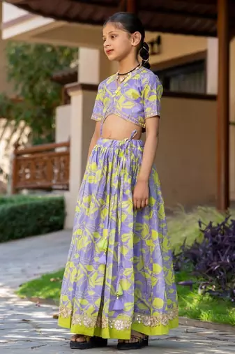 Purple printed chanderi lehenga set