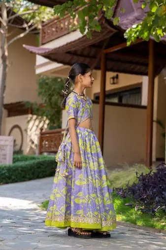 Purple printed chanderi lehenga set
