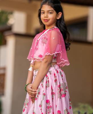 Pink printed chanderi lehenga set 3