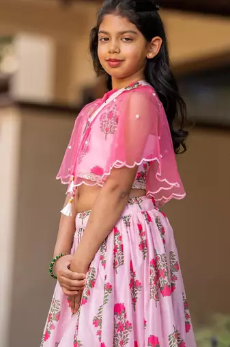 Pink printed chanderi lehenga set