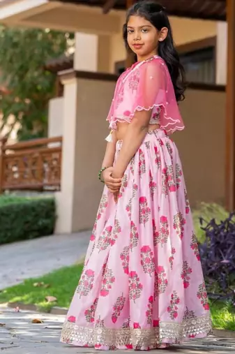 Pink printed chanderi lehenga set