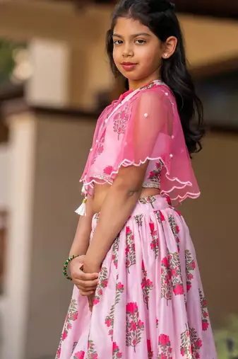 Pink printed chanderi lehenga set