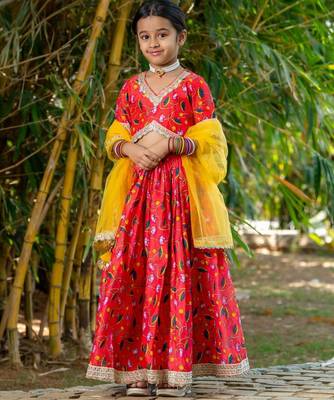 Red printed chanderi lehenga set 1