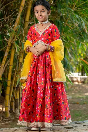 Red printed chanderi lehenga set