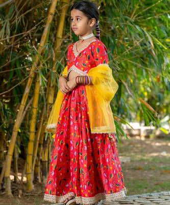 Red printed chanderi lehenga set 2