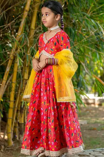 Red printed chanderi lehenga set
