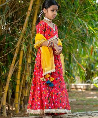 Red printed chanderi lehenga set 3