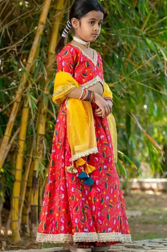 Red printed chanderi lehenga set