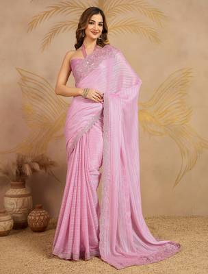 Chiffon Embroidery Sequence work Saree with Unstitched Blouse Piece 1