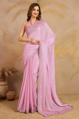 Chiffon Embroidery Sequence work Saree with Unstitched Blouse Piece