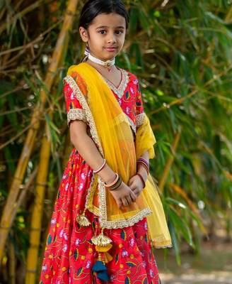 Red printed chanderi lehenga set 4