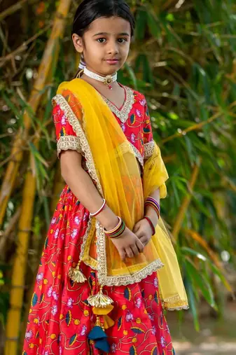 Red printed chanderi lehenga set