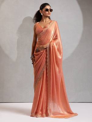 Peach hand work zarkan with cutdana work border fendy silk blend two tone saree with blouse 1