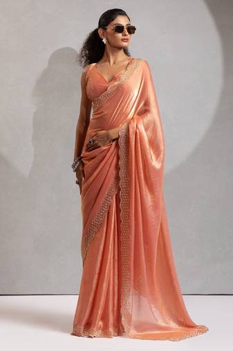 Peach color hand work zarkan with cutdana work border fendy silk two tone saree with blouse