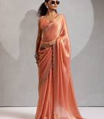 Peach color hand work zarkan with cutdana work border fendy silk two tone saree with blouse