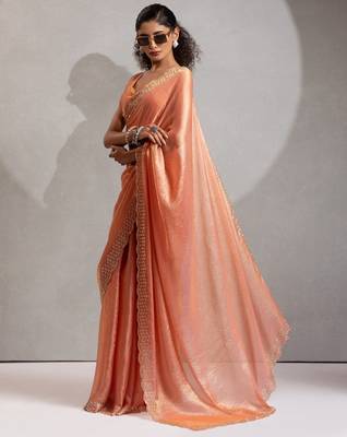 Peach hand work zarkan with cutdana work border fendy silk blend two tone saree with blouse 2
