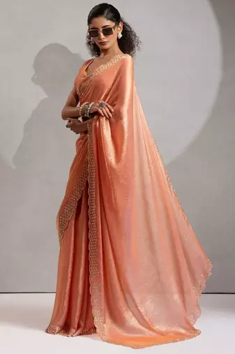 Peach hand work zarkan with cutdana work border fendy silk blend two tone saree with blouse