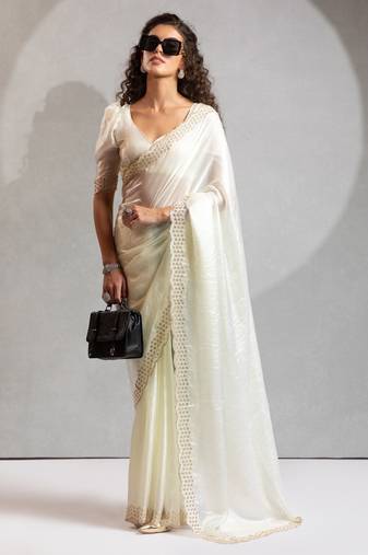 White color hand work zarkan with cutdana work border fendy silk two tone saree with blouse