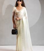 White color hand work zarkan with cutdana work border fendy silk two tone saree with blouse