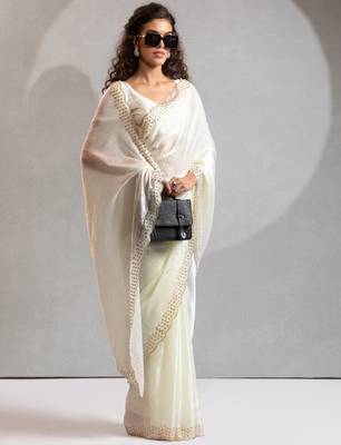 White color hand work zarkan with cutdana work border fendy silk blend two tone saree with blouse 2