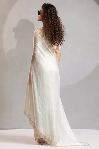 White color hand work zarkan with cutdana work border fendy silk blend two tone saree with blouse