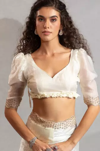White color hand work zarkan with cutdana work border fendy silk blend two tone saree with blouse