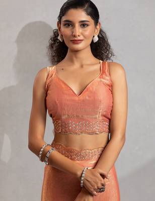 Peach hand work zarkan with cutdana work border fendy silk blend two tone saree with blouse 4