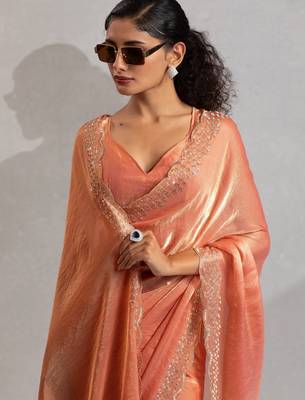 Peach hand work zarkan with cutdana work border fendy silk blend two tone saree with blouse 5