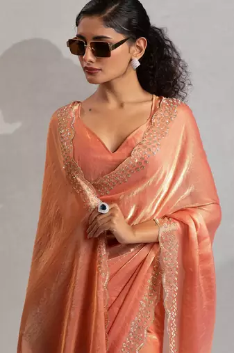 Peach hand work zarkan with cutdana work border fendy silk blend two tone saree with blouse