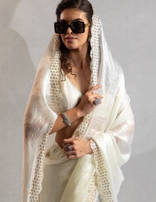 White color hand work zarkan with cutdana work border fendy silk blend two tone saree with blouse 5